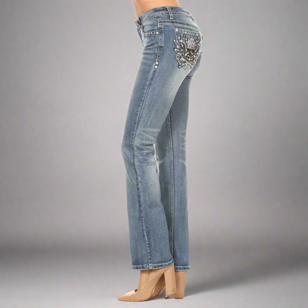 Jean bootcut Platinum Plush orné de strass Tête de mort