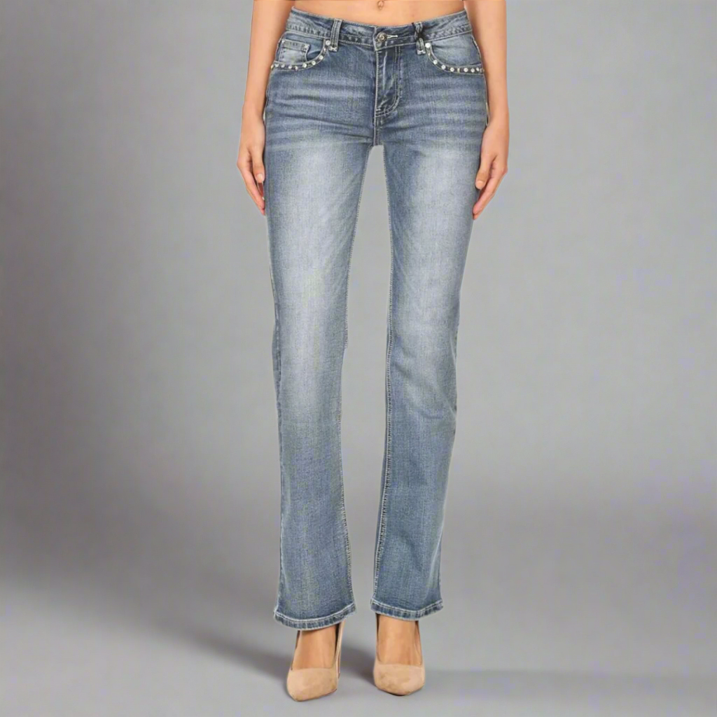 Jean bootcut Platinum Plush orné de strass Tête de mort