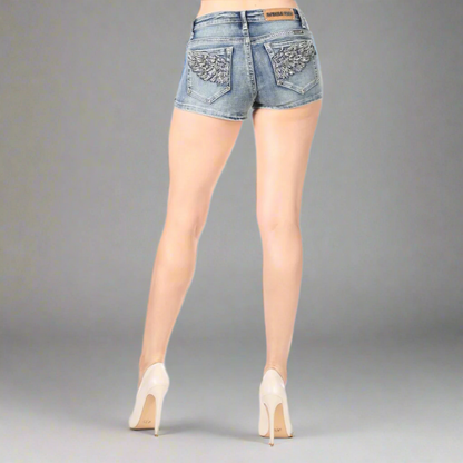 Shorts en jean Bus Stop ornés de strass et d'ailes d'ange pour femme