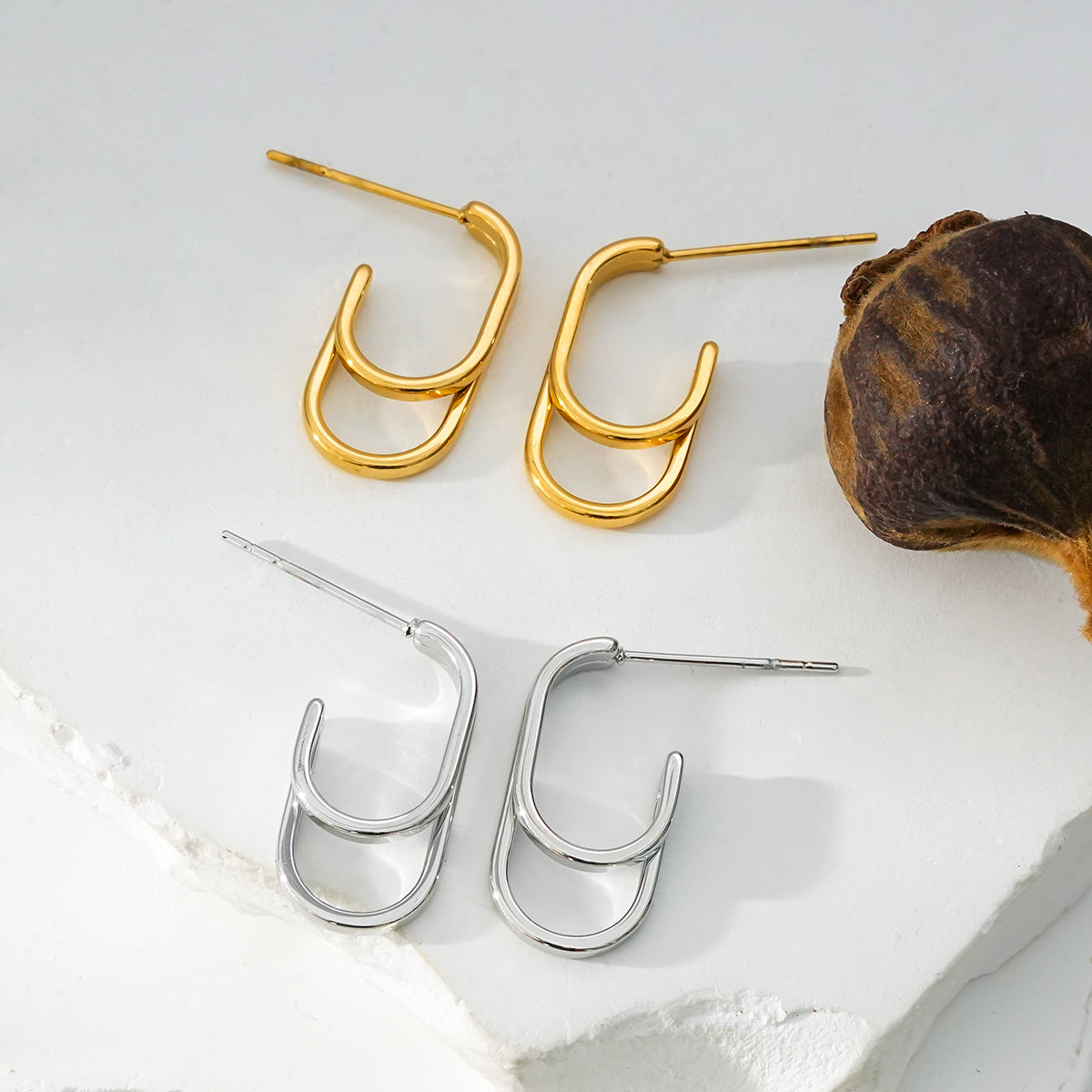 St SIMON Gold: Boucles d'oreilles créoles doubles rectangles aux coins arrondis