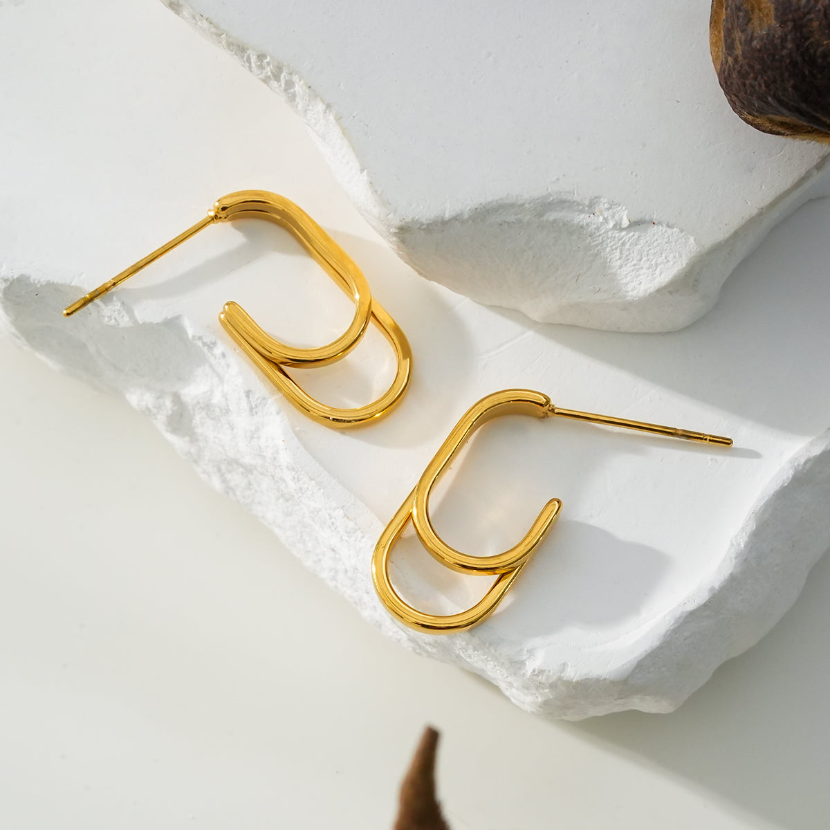 St SIMON Gold: Boucles d'oreilles créoles doubles rectangles aux coins arrondis