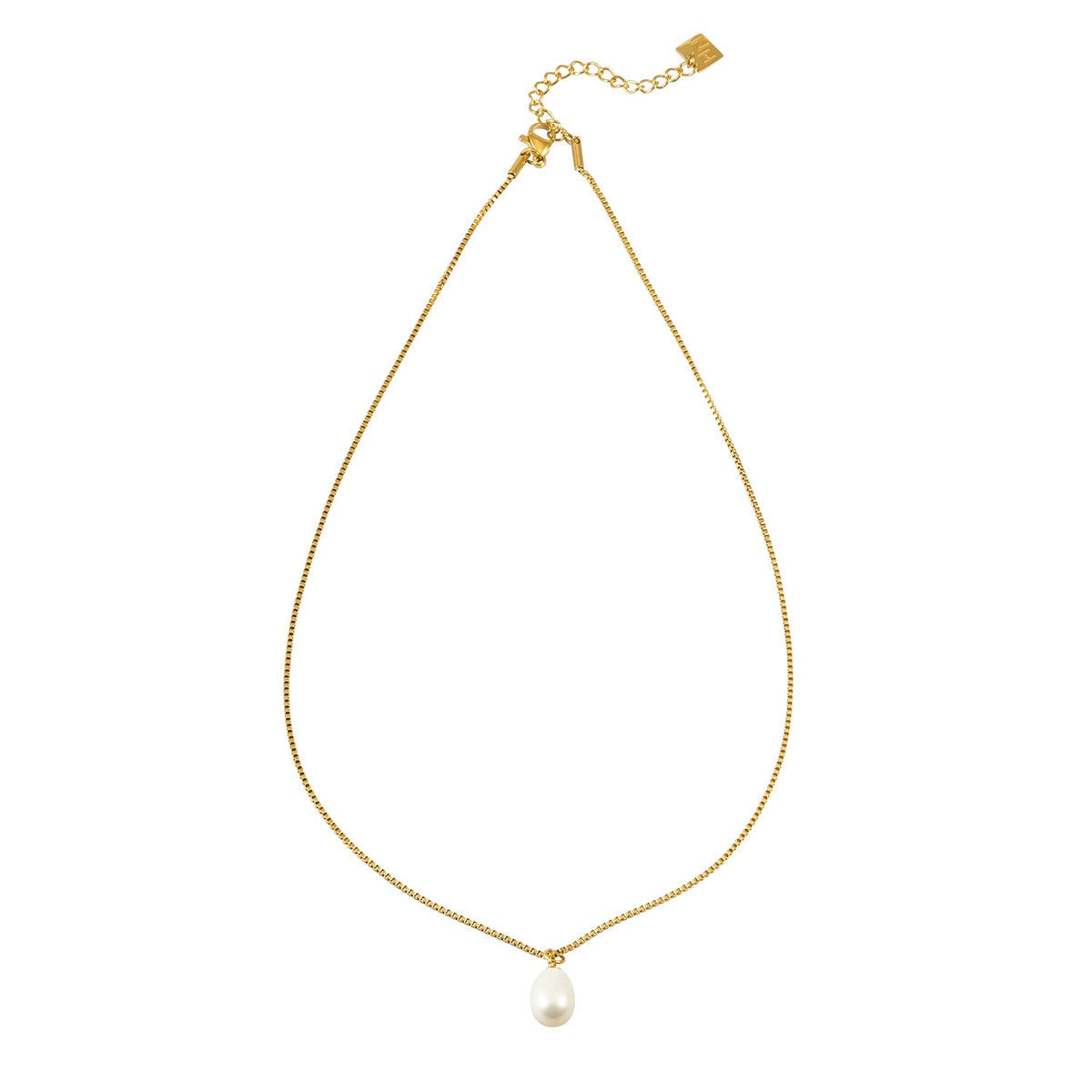 SZILVIA Gold: Minimalist Chic - Mini Box Chain Necklace with Freshwater Pearl Charm