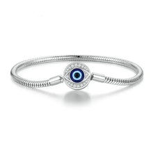 Sterling Silver Evil Eye Charm Bracelet with CZ – Snake Chain