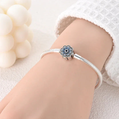 Bracelet en argent sterling avec fermoir fleur bleue et gravure « Dream »