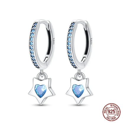 Boucles d'oreilles créoles en argent sterling Charme Céleste avec étoile bleue et cœur
