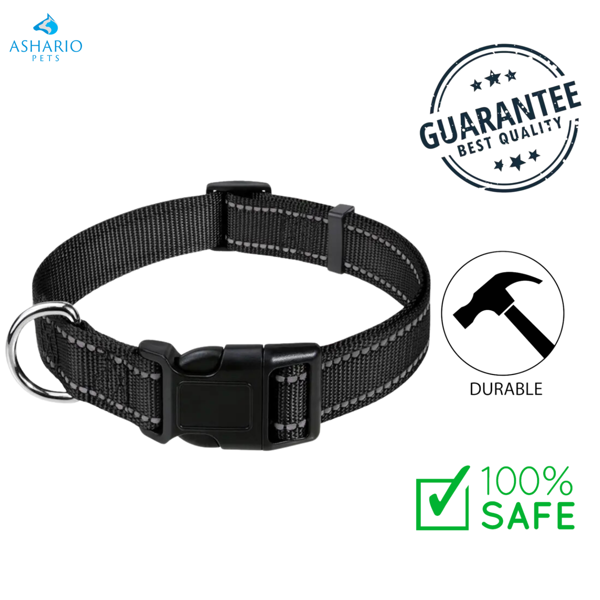 Ashario Pets - Reflective Adjustable Nylon Dog Collar - Extra Small