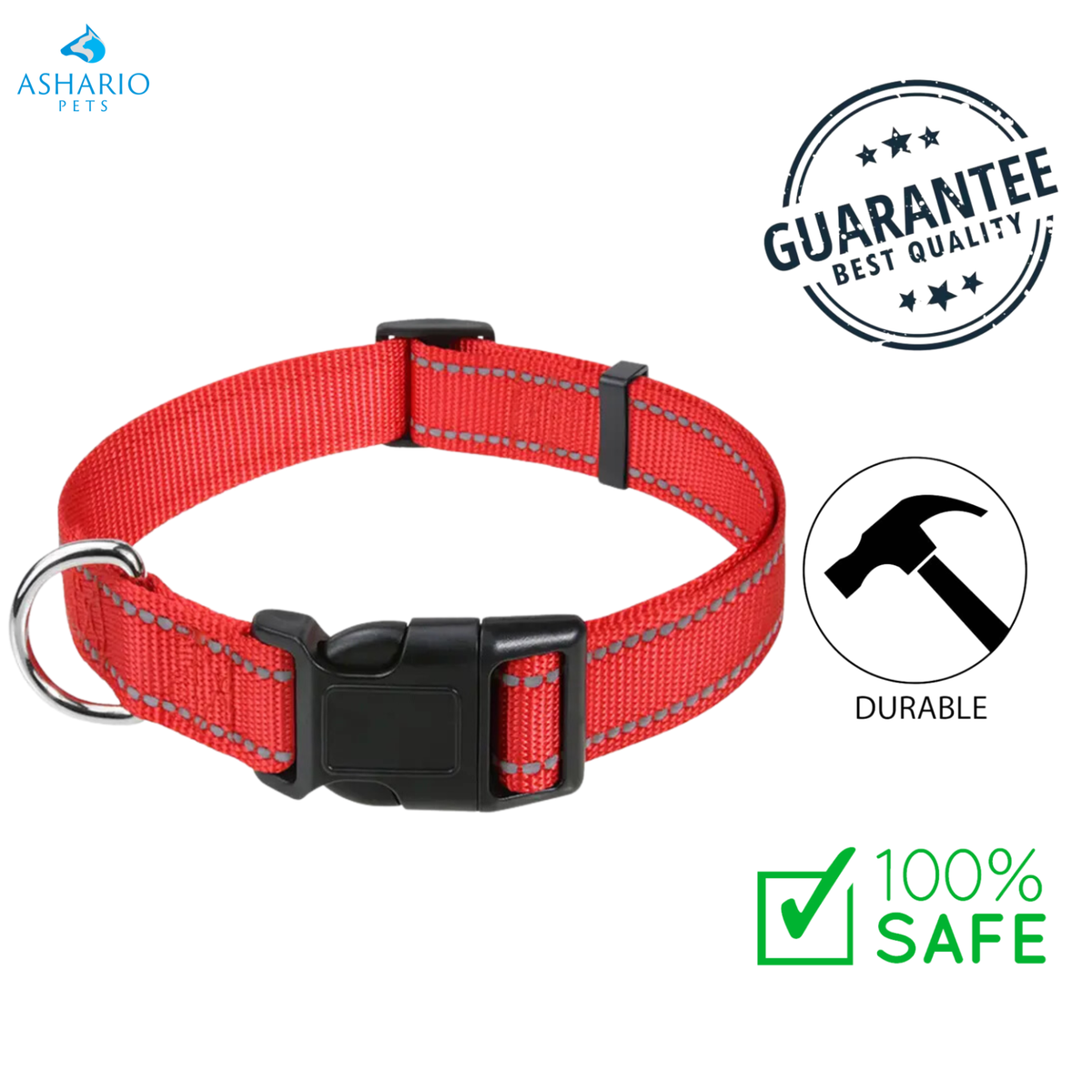 Ashario Pets - Reflective Adjustable Nylon Dog Collar - Extra Small
