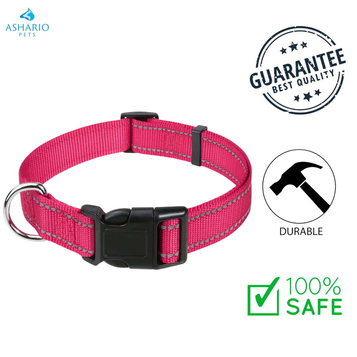 Ashario Pets - Reflective Adjustable Nylon Dog Collar - Medium