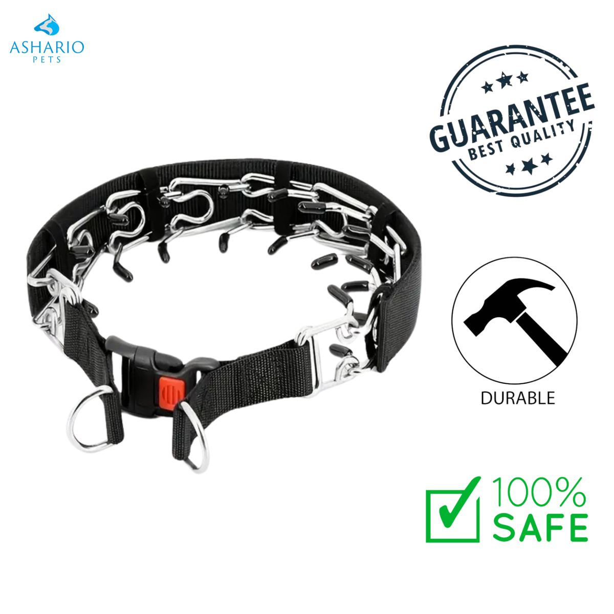 Ashario Pets - Quick Release Adjustable Prong Dog Collar With Buckle - Black