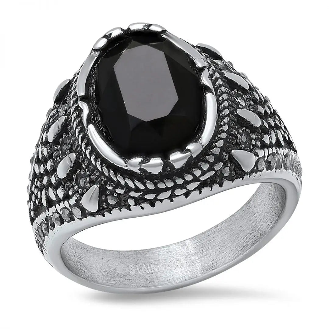 Bague SteelTime pour homme en acier inoxydable gothique avec diamant noir simulé