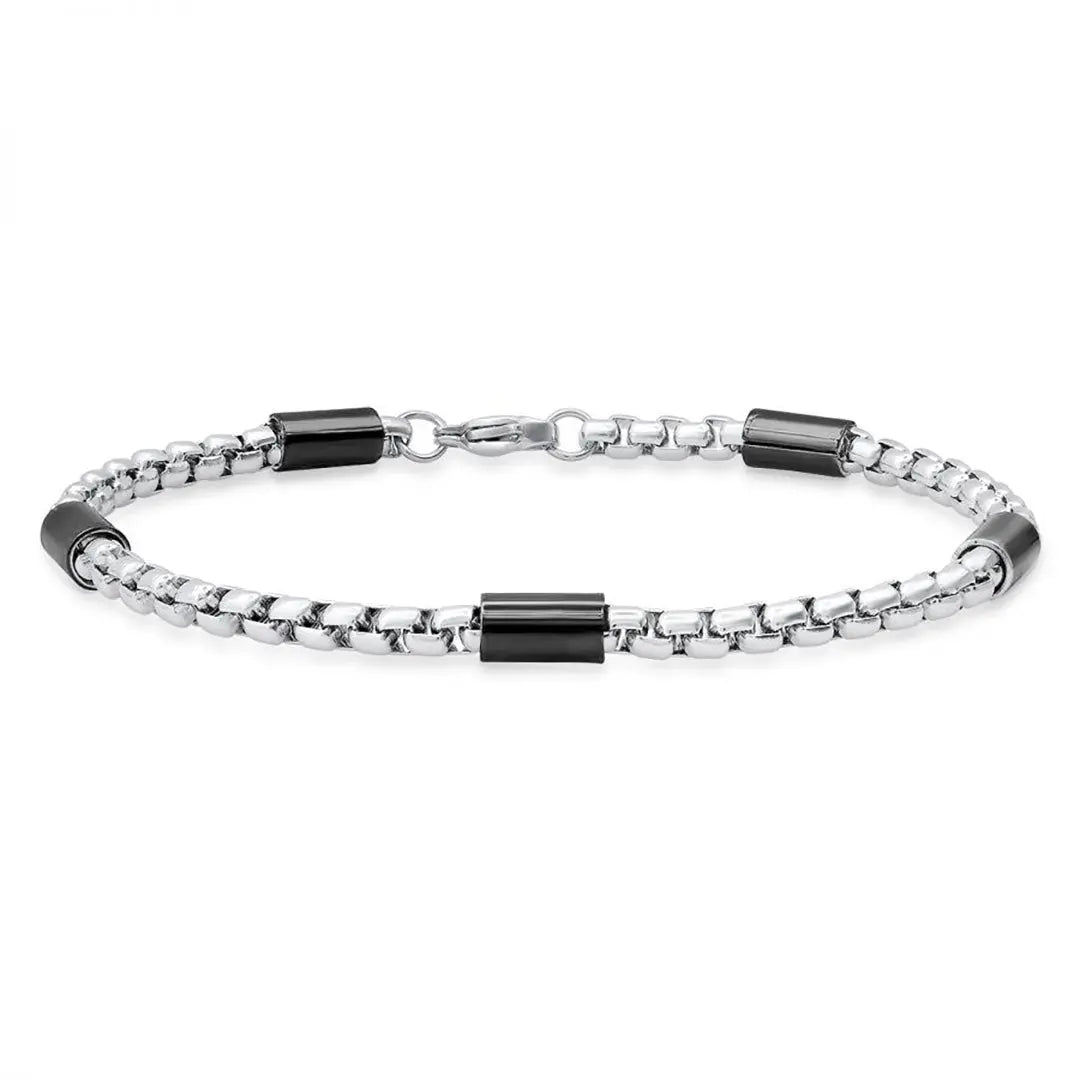 Bracelet en chaîne maille forçat et barres, bicolore noir et acier inoxydable, pour homme, SteelTime