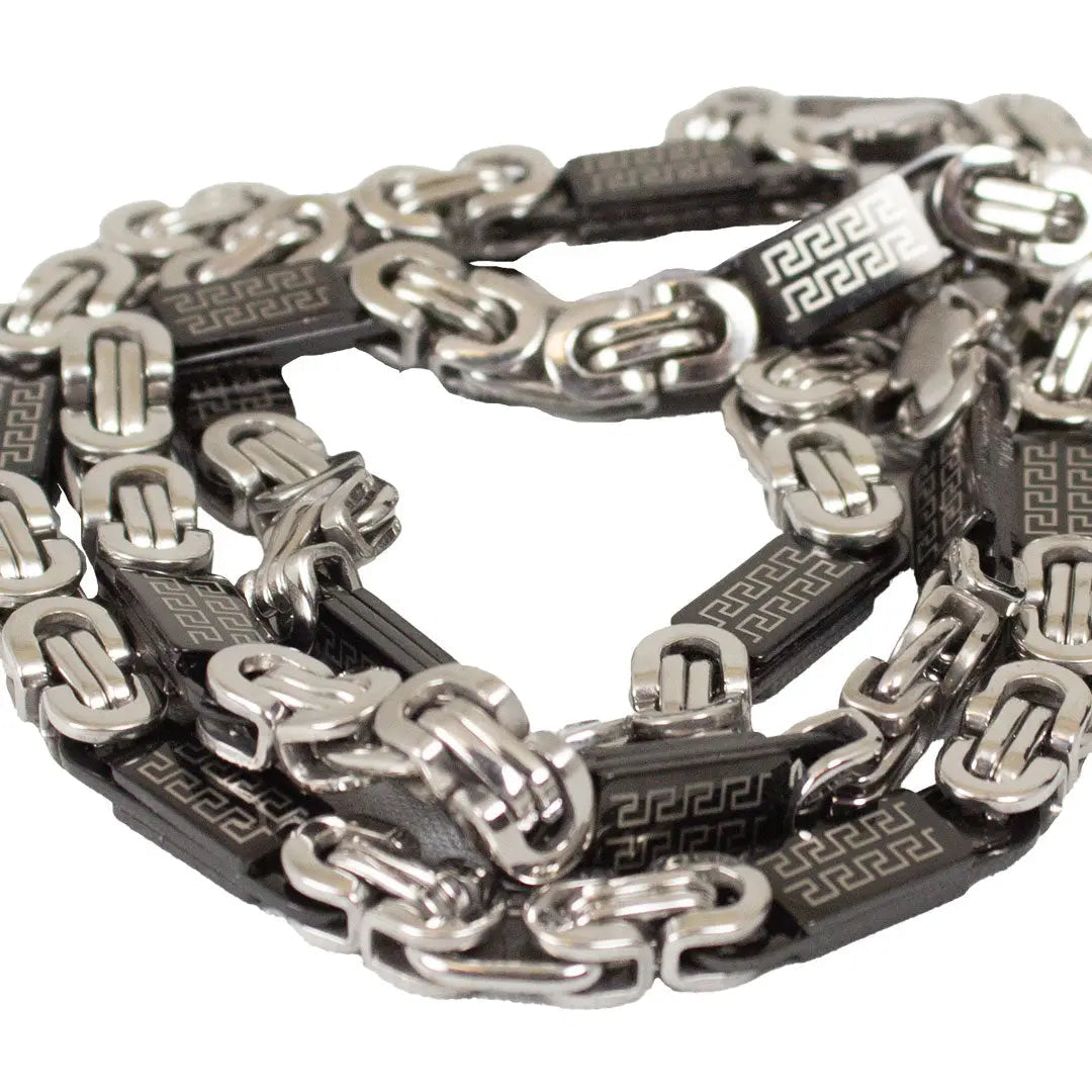 Collier byzantin SteelTime pour homme en acier inoxydable bicolore et placage ionique noir avec motifs Clé grecque