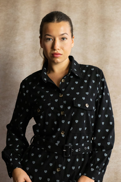 Stephanie Heart Print Tunic Shirt Long Sleeve Button Down Belted