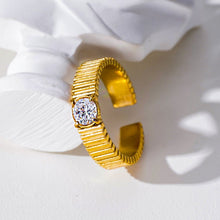 TALA: Art-Deco Style Textured Band Ring with a Round Zirconia Centerpiece