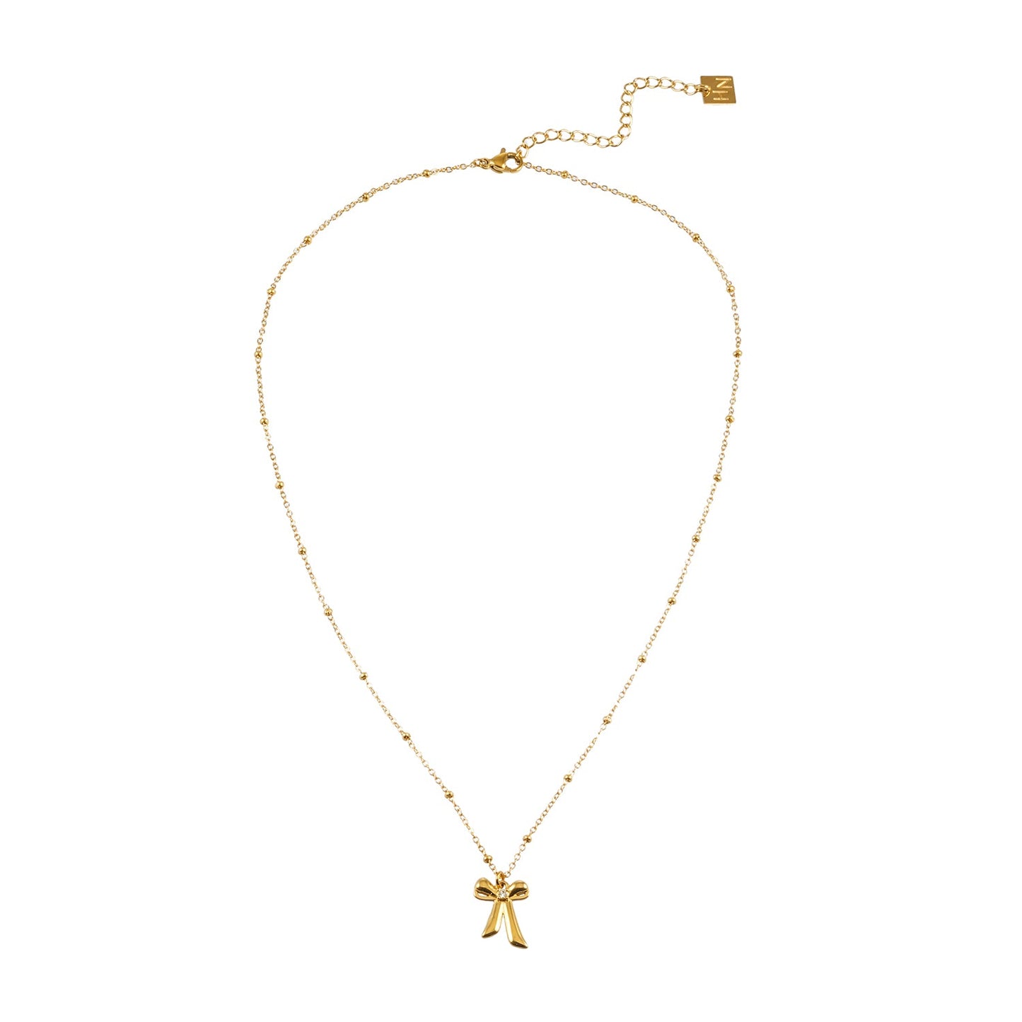 TALIANA Gold : Collier chaîne délicate perlée avec pendentif nœud et zircone solitaire – Bijou élégant pour tous les jours