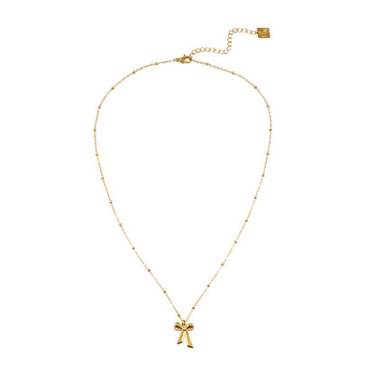 TALIANA Gold : Collier chaîne délicate perlée avec pendentif nœud et zircone solitaire – Bijou élégant pour tous les jours