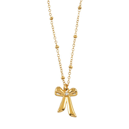 TALIANA Gold : Collier chaîne délicate perlée avec pendentif nœud et zircone solitaire – Bijou élégant pour tous les jours