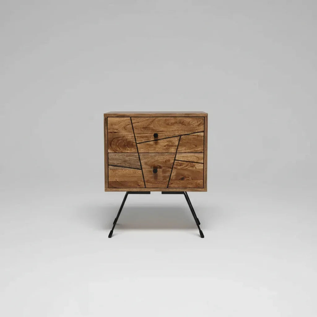 Mid-Century Acacia Wood Side Table with 2 Drawers