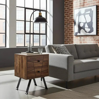 Mid-Century Acacia Wood Side Table with 2 Drawers