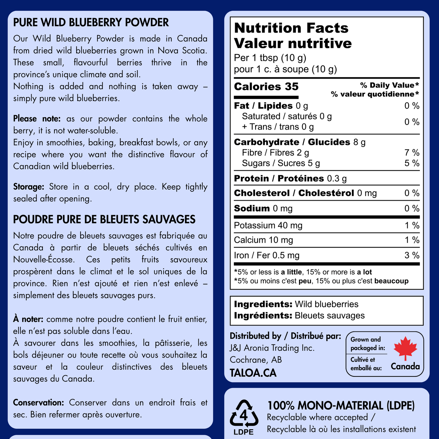 Poudre de bleuet sauvage 150 g - Fabriqué au Canada