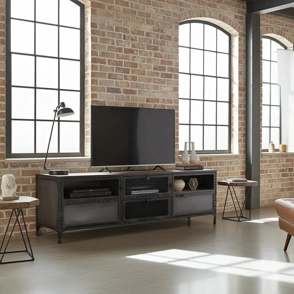 TV stand Ibiza in mango wood and raw steel