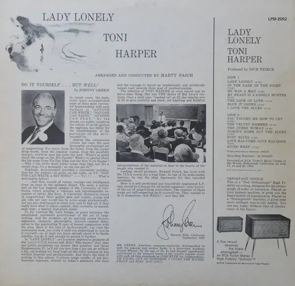 Toni Harper ‎– Lady Lonely - 1959 Mono Original