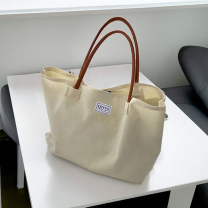 Cotton Canvas Tote Bag With PU Leather Handles