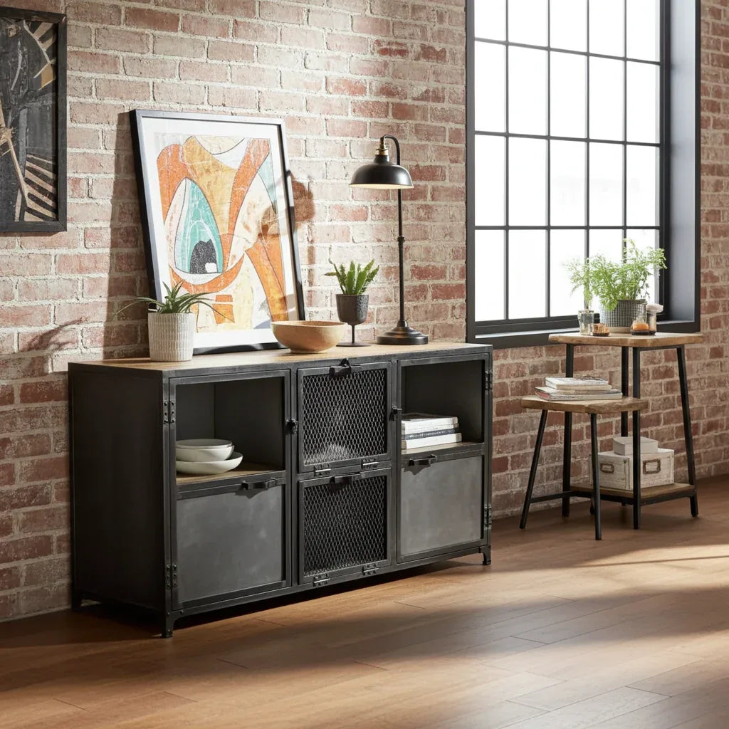 Mango Wood and Raw Steel Ibiza Buffet with Glass Doors