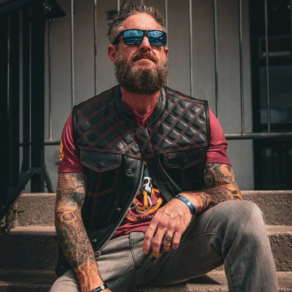 Open Road Men's Upside Leather Vest with Stitched Diamonds