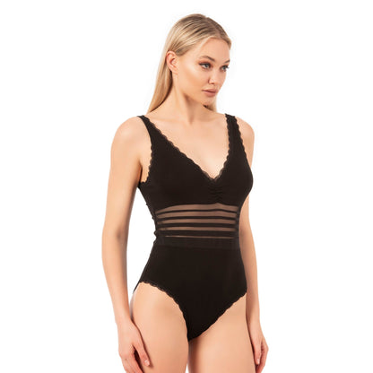 Body en coton pour femme avec taille transparente et bordure en dentelle