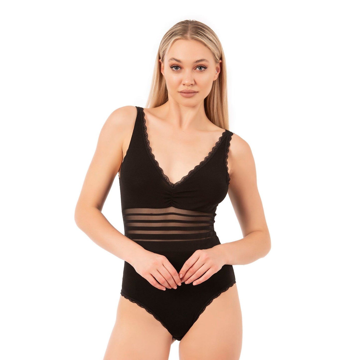 Body en coton pour femme avec taille transparente et bordure en dentelle