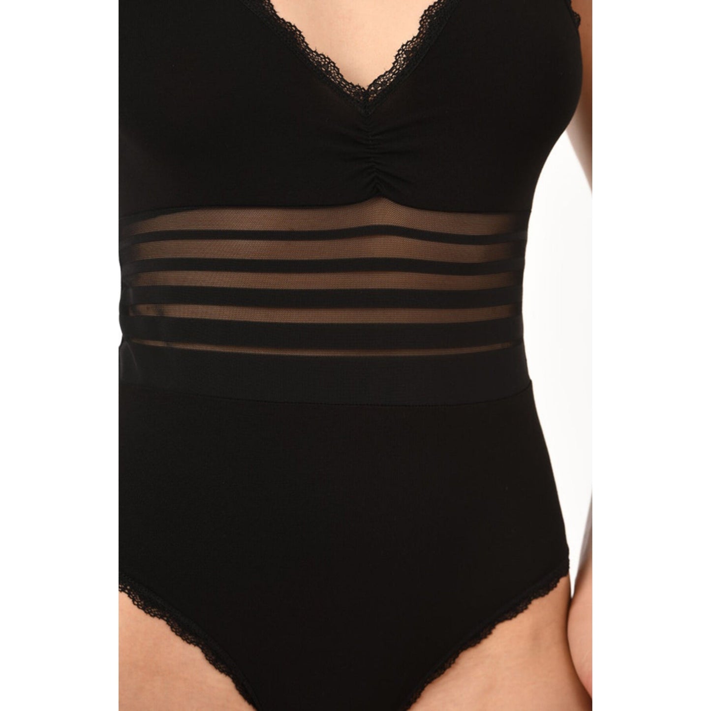 Body en coton pour femme avec taille transparente et bordure en dentelle