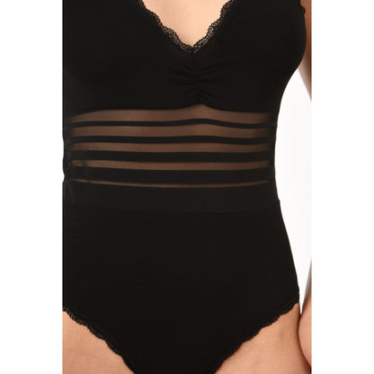 Body en coton pour femme avec taille transparente et bordure en dentelle