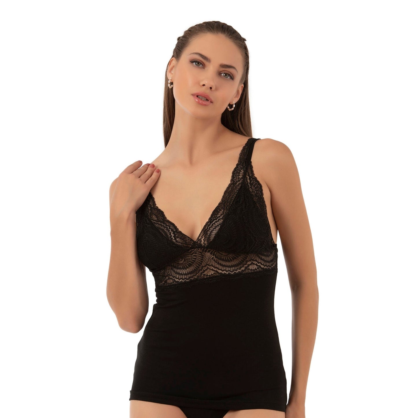 Caraco en modal de coton à liseré en dentelle pour femme, avec col en V et larges bretelles