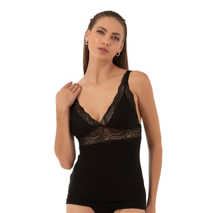 Caraco en modal de coton à liseré en dentelle pour femme, avec col en V et larges bretelles