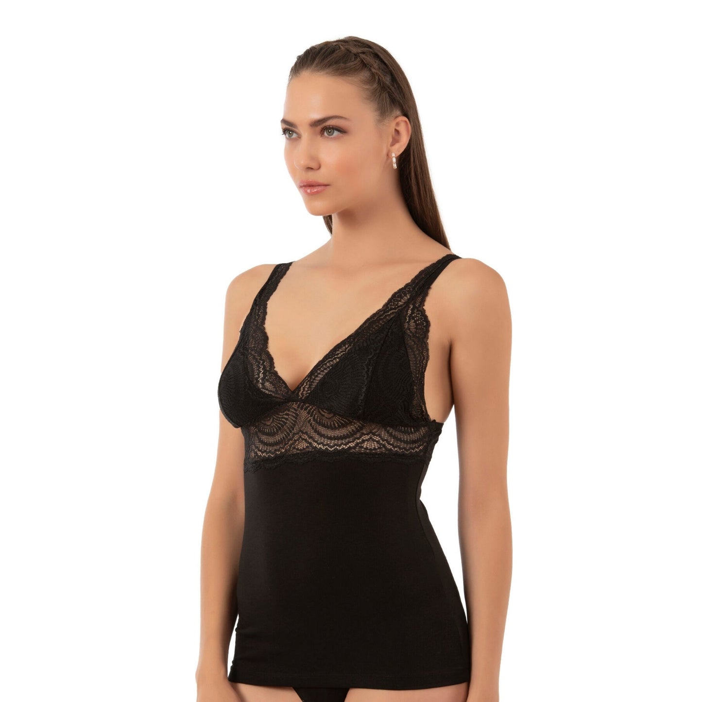 Caraco en modal de coton à liseré en dentelle pour femme, avec col en V et larges bretelles