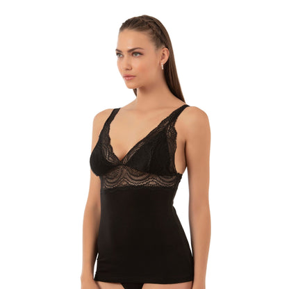 Caraco en modal de coton à liseré en dentelle pour femme, avec col en V et larges bretelles