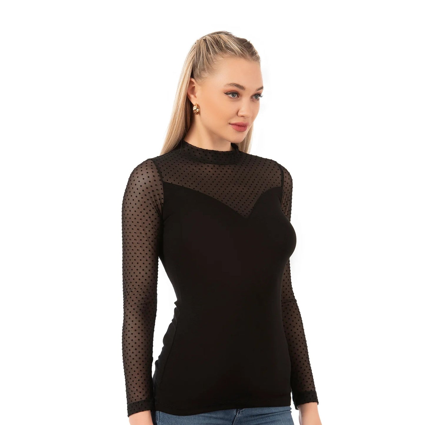Haut en maille à manches longues pour femme avec détails à pois