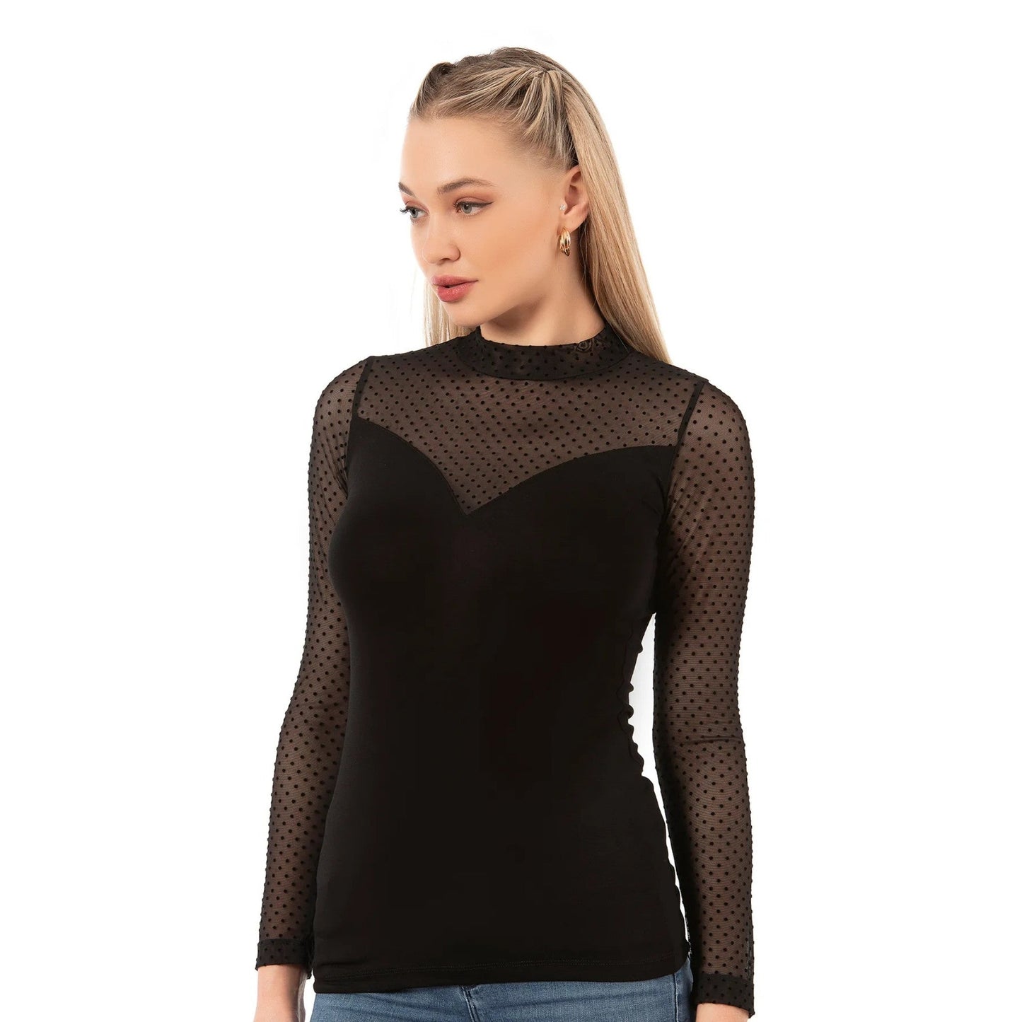 Haut en maille à manches longues pour femme avec détails à pois