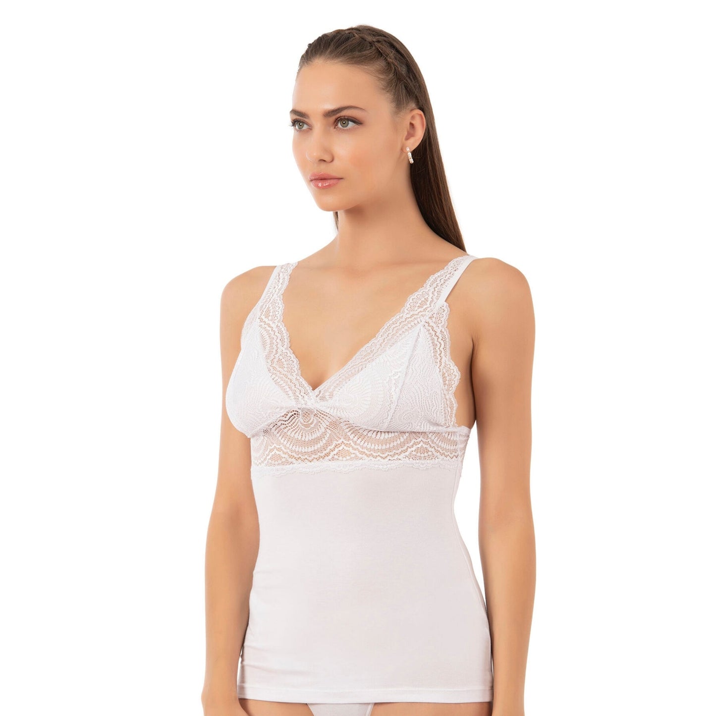 Caraco en modal de coton à liseré en dentelle pour femme, avec col en V et larges bretelles