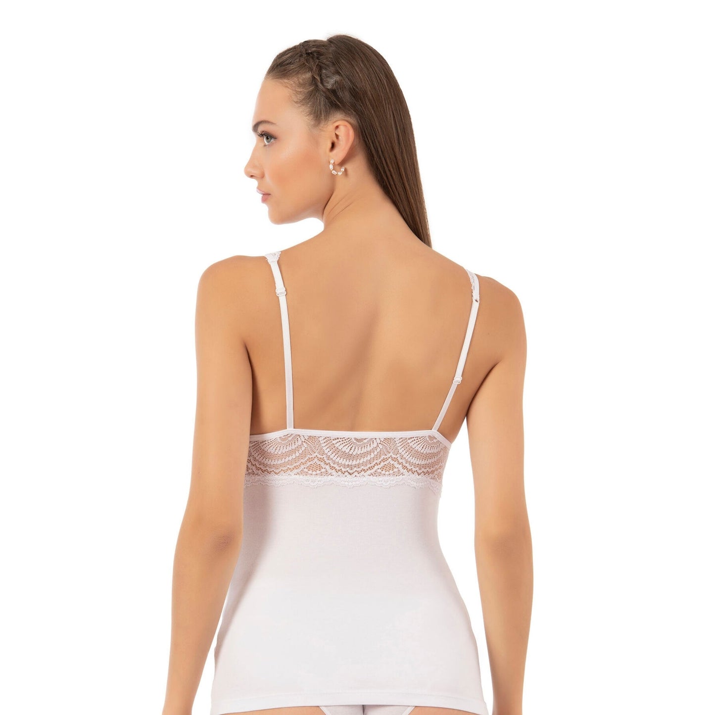 Caraco en modal de coton à liseré en dentelle pour femme, avec col en V et larges bretelles