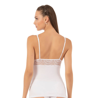 Caraco en modal de coton à liseré en dentelle pour femme, avec col en V et larges bretelles