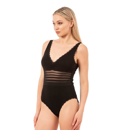 Body en coton pour femme avec taille transparente et bordure en dentelle