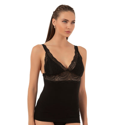 Caraco en modal de coton à liseré en dentelle pour femme, avec col en V et larges bretelles