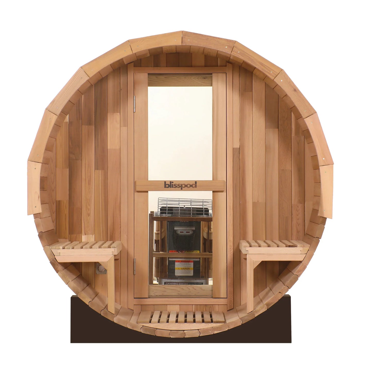 Blisspod | Prague | Sauna tonneau d'extérieur en cèdre rouge canadien à vapeur, 2-4 / 4-6 personnes avec fond entièrement vitré et 2 sièges de porche avant
