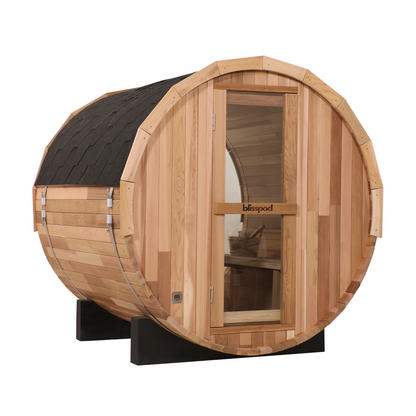 Blisspod | Prague | Sauna tonneau extérieur en cèdre rouge canadien à vapeur | Arrière entièrement vitré | 180cm H x 180cm L x 180cm P | 4-6 personnes