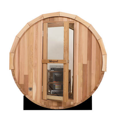 Blisspod | Prague | Sauna tonneau extérieur en cèdre rouge canadien à vapeur | Arrière entièrement vitré | 180cm H x 180cm L x 180cm P | 4-6 personnes