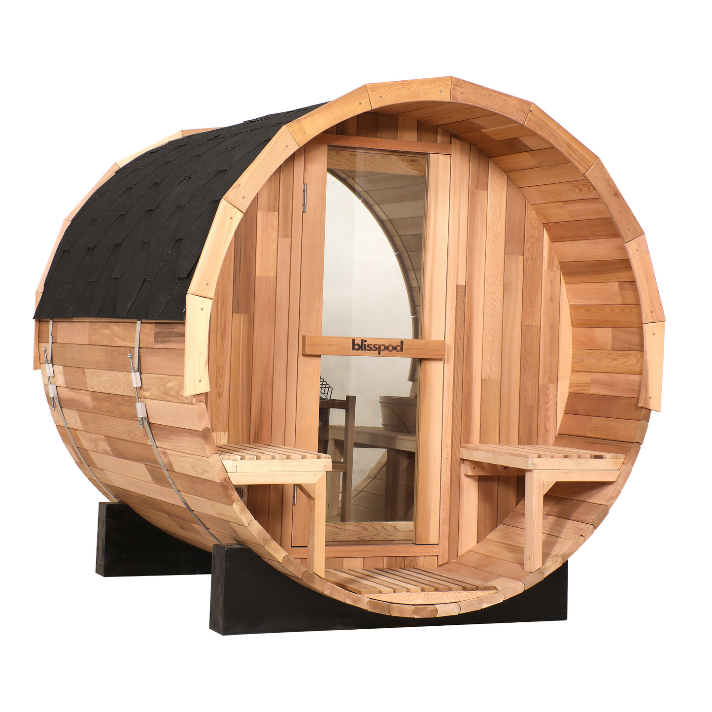 Blisspod | Prague | Sauna tonneau d'extérieur en cèdre rouge canadien à vapeur, 2-4 / 4-6 personnes avec fond entièrement vitré et 2 sièges de porche avant