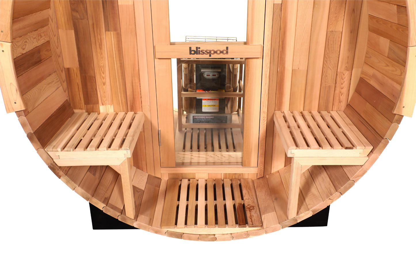 Blisspod | Prague | Sauna tonneau d'extérieur en cèdre rouge canadien à vapeur, 2-4 / 4-6 personnes avec fond entièrement vitré et 2 sièges de porche avant