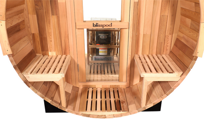 Blisspod | Prague | Sauna tonneau d'extérieur en cèdre rouge canadien à vapeur, 2-4 / 4-6 personnes avec fond entièrement vitré et 2 sièges de porche avant